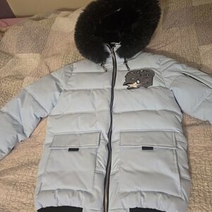 Light Blue Puffer Jacket with Black Fur Hood
